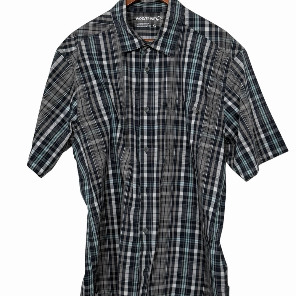 Wolverine Plaid Button Up Shirt Mens XL Gray Blue Short Sleeve Stretch‎ Outdoor